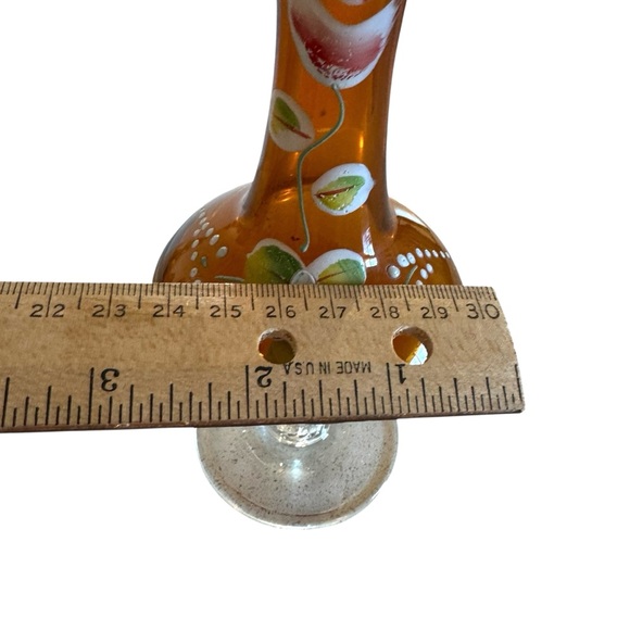 Bohemian Amber Czech Glass Bud Vase 8" Enamel Floral Decoration Hand Painted - Picture 6 of 7